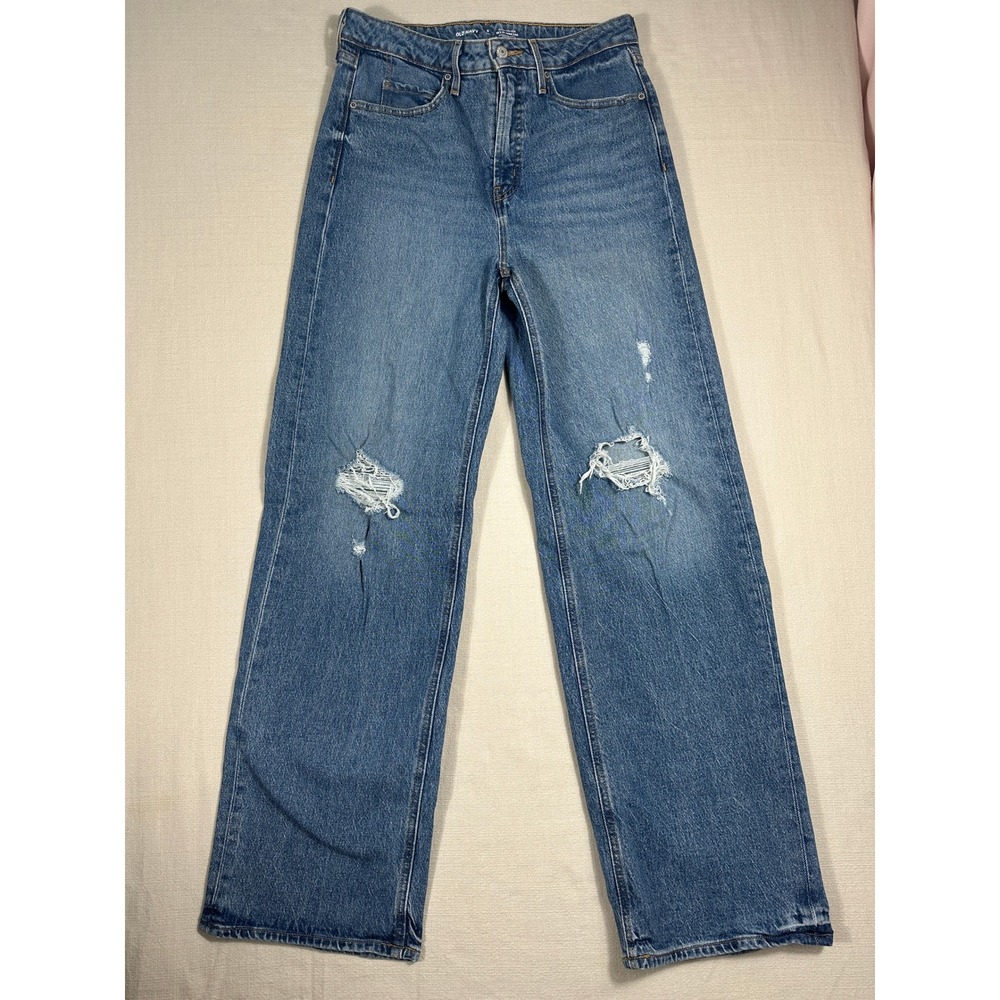 Old Navy Wide Leg Jeans Women 8 Blue Excellent Distressed Sky-Hi High Rise